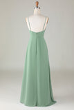 Robe de demoiselle d'honneur longue à bretelles spaghetti Matcha avec Volants