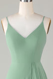 Robe de demoiselle d'honneur longue à bretelles spaghetti Matcha avec Volants
