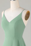 Robe de demoiselle d'honneur longue à bretelles spaghetti Matcha avec Volants
