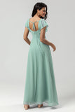 Robe de demoiselle d’honneur en mousseline de soie verte à col carré avec volants