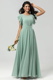 Chiffon A Line Robe de demoiselle d’honneur verte avec plissée