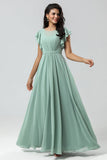 Chiffon A Line Robe de demoiselle d’honneur verte avec plissée