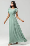 Chiffon A Line Robe de demoiselle d’honneur verte avec plissée