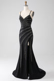 Sirène perlé noir robe de bal avec fente
