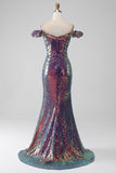 Sirène scintillante à épaules dénudées robe de bal violette avec fente