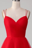 Spaghetti Bretelles A-ligne Rouge Longue Robe De Bal avec Croix Entrelacée Dos