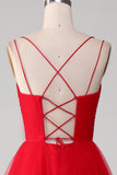 Spaghetti Bretelles A-ligne Rouge Longue Robe De Bal avec Croix Entrelacée Dos