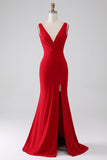 Sirène col V rouge robe de bal avec fente