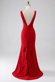 Sirène col V rouge robe de bal avec fente