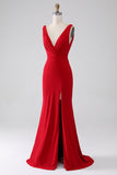 Sirène col V rouge robe de bal avec fente