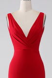 Sirène col V rouge robe de bal avec fente