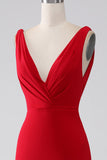 Sirène col V rouge robe de bal avec fente
