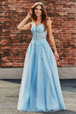 Magnifique une ligne Spaghetti Bretelles Corset bleu clair robe de bal avec des Appliques