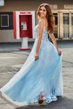 Magnifique une ligne Spaghetti Bretelles Corset bleu clair robe de bal avec des Appliques