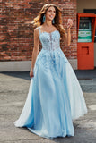 Magnifique une ligne Spaghetti Bretelles Corset bleu clair robe de bal avec des Appliques