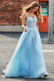 Magnifique une ligne Spaghetti Bretelles Corset bleu clair robe de bal avec des Appliques