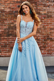 Magnifique une ligne Spaghetti Bretelles Corset bleu clair robe de bal avec des Appliques