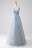 A-ligne Spaghetti Straps Gris Bleu Robe de bal avec perles