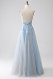 A-ligne Spaghetti Straps Gris Bleu Robe de bal avec perles
