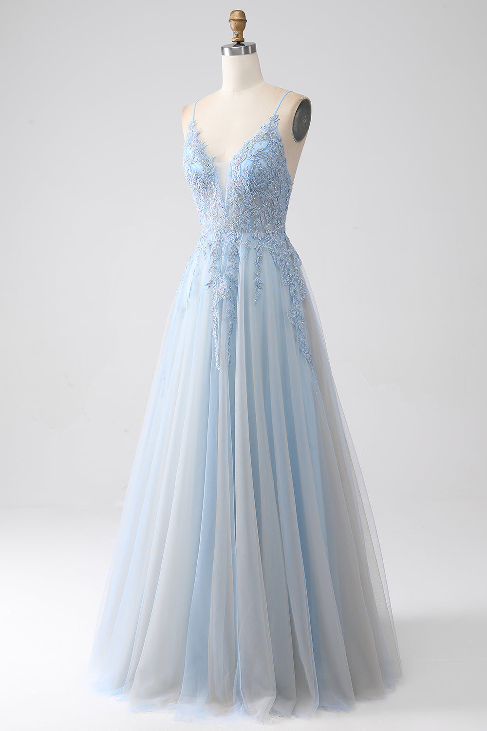 A-ligne Spaghetti Straps Gris Bleu Robe de bal avec perles