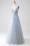 A-ligne Spaghetti Straps Gris Bleu Robe de bal avec perles