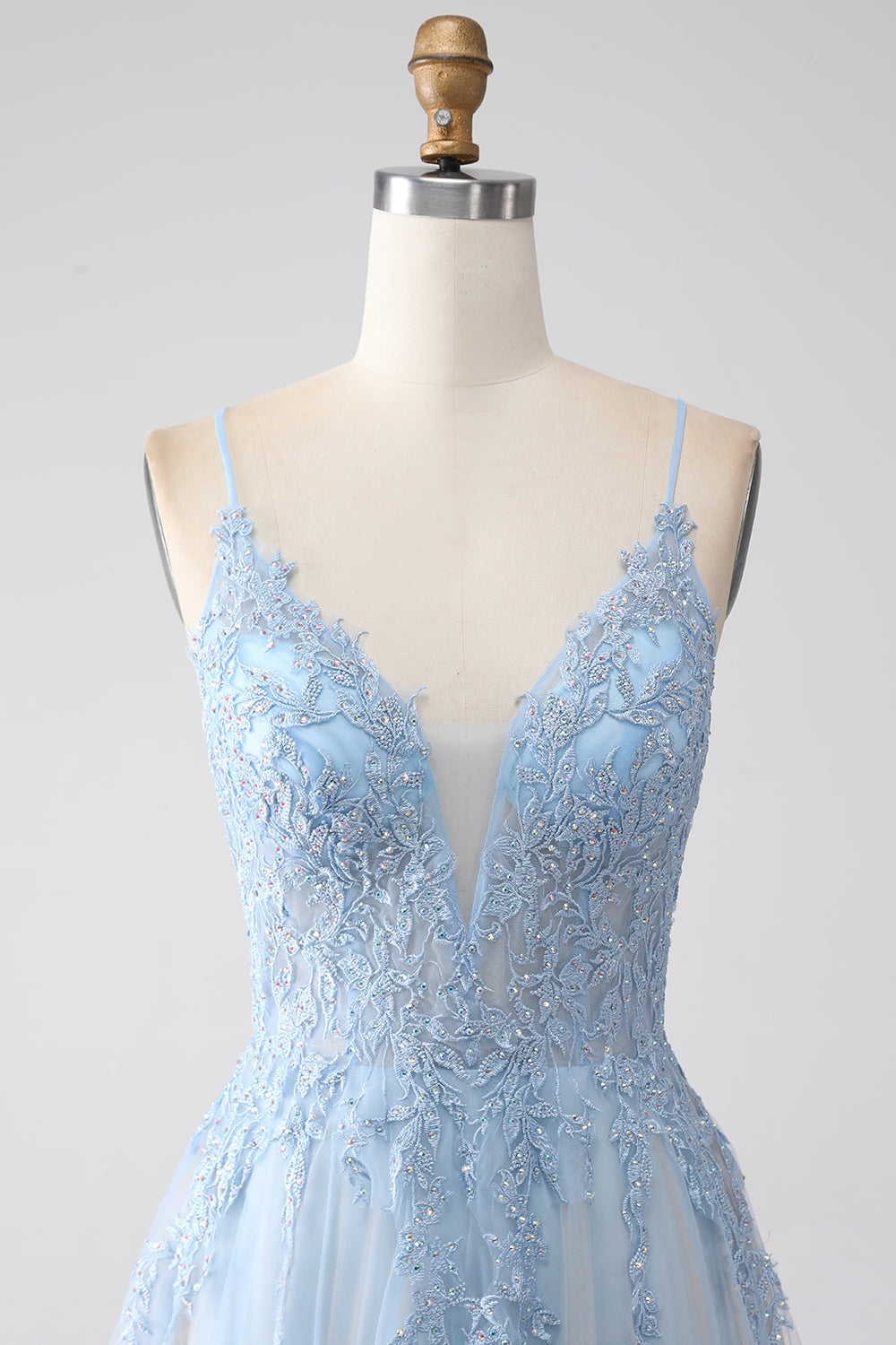 A-ligne Spaghetti Straps Gris Bleu Robe de bal avec perles