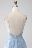 A-ligne Spaghetti Straps Gris Bleu Robe de bal avec perles
