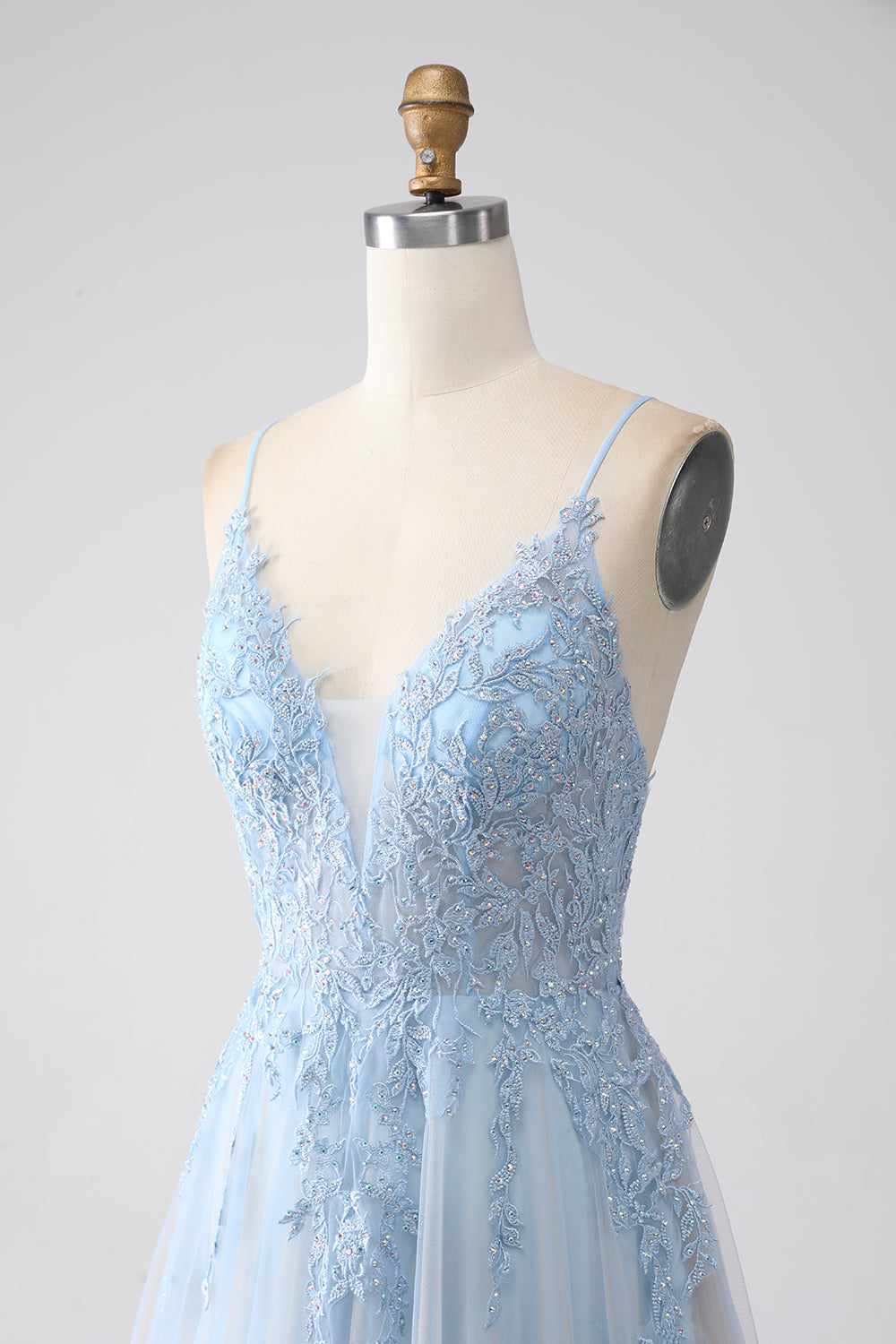A-ligne Spaghetti Straps Gris Bleu Robe de bal avec perles