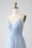 A-ligne Spaghetti Straps Gris Bleu Robe de bal avec perles