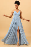 Robe de demoiselle d’honneur longue en mousseline de soie longue en mousseline bleue poussiéreuse avec fente