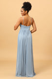 Robe de demoiselle d’honneur longue en mousseline de soie longue en mousseline bleue poussiéreuse avec fente