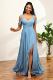 Robe de demoiselle d’honneur en mousseline froide bleu acier