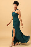 Robe de demoiselle d’honneur en mousseline de soie verte avec fente