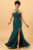 Robe de demoiselle d’honneur en mousseline de soie verte avec fente