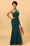 Robe de demoiselle d’honneur en mousseline de soie verte avec fente