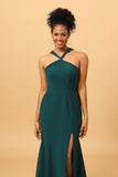 Robe de demoiselle d’honneur en mousseline de soie verte avec fente