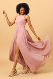 Robe de demoiselle d’honneur plissée longue mousseline de soie blush avec fente
