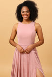 Robe de demoiselle d’honneur plissée longue mousseline de soie blush avec fente