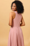Robe de demoiselle d’honneur plissée longue mousseline de soie blush avec fente