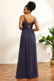 Robe de demoiselle d’honneur en mousseline de soie longue en mousseline de soie bleu poussiéreux avec fente