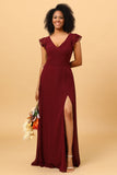 Robe de demoiselle d’honneur bordeaux en mousseline de soie avec fente