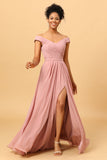 Volants Mousseline Robe de demoiselle d’honneur rose avec fente