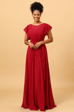 Robe de demoiselle d’honneur bordeaux en mousseline de soie avec manches à volants