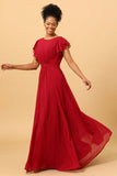 Robe de demoiselle d’honneur bordeaux en mousseline de soie avec manches à volants