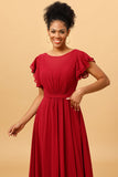 Robe de demoiselle d’honneur bordeaux en mousseline de soie avec manches à volants