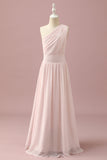 Robe de demoiselle d’honneur junior rose clair en mousseline de soie à une épaule