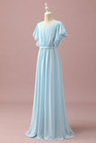 Mousseline de soie bleu clair Batwing Manches A-Line Junior Bridesmaid Dress