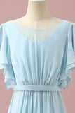 Mousseline de soie bleu clair Batwing Manches A-Line Junior Bridesmaid Dress