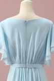 Mousseline de soie bleu clair Batwing Manches A-Line Junior Bridesmaid Dress