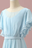 Mousseline de soie bleu clair Batwing Manches A-Line Junior Bridesmaid Dress